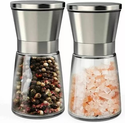 2 x Stainless Steel Adjustable Salt & Pepper Grinder Mill Set