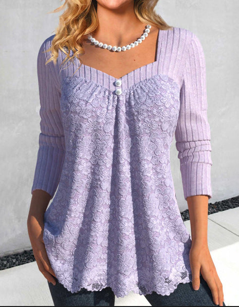 Square Collar Elegant Purple Top