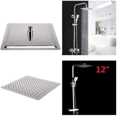 12" Large Chrome Square Stainless Steel Rainfall Overhead Bathroom Shower Head
