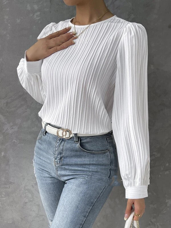 Spring Round Neck Lantern Sleeve Solid Colour Unity Long Sleeve Blouse