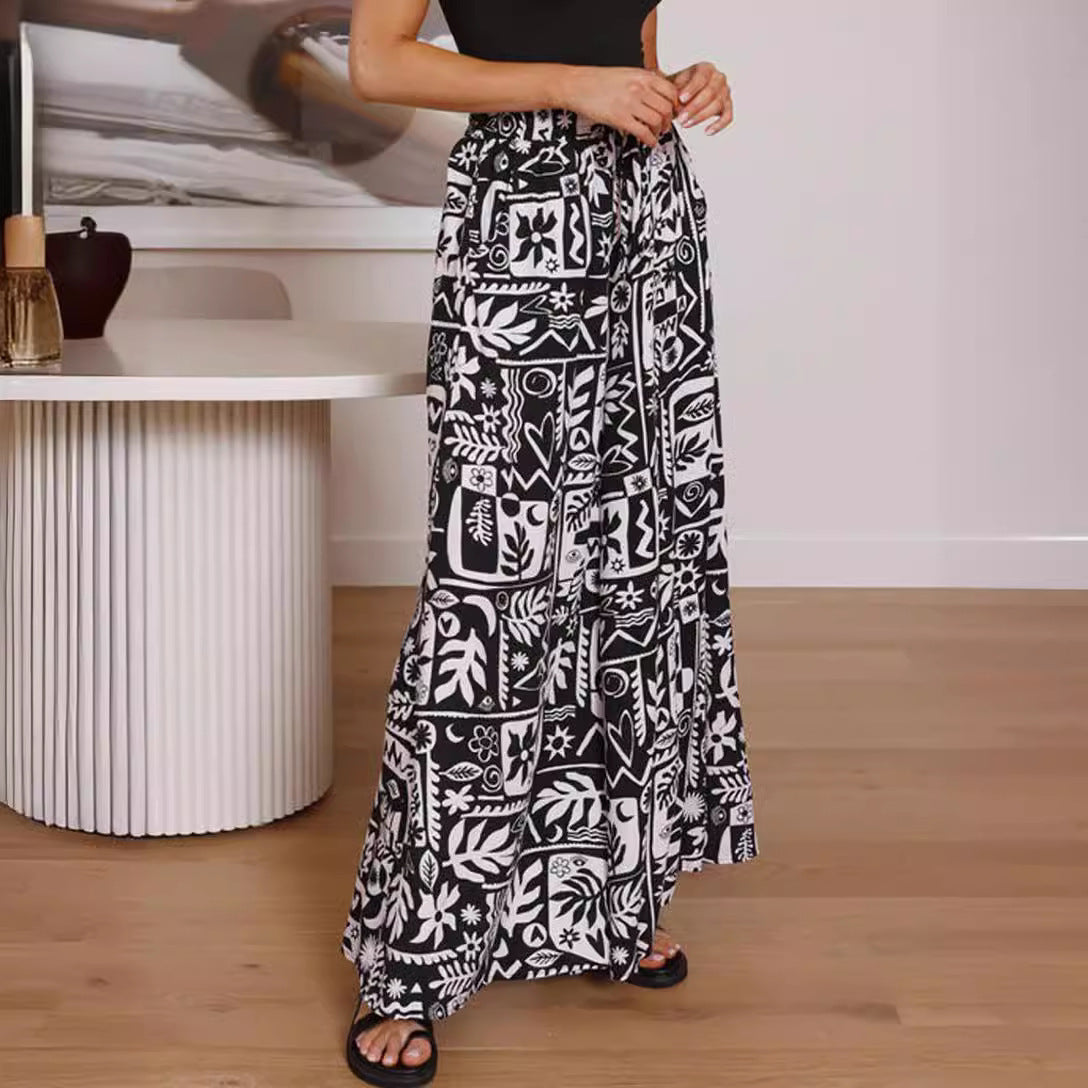 Flowers Printed Wide-leg Trousers Summer Casual Straight Pnats For Women Beach Clothing