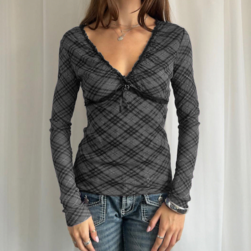 New Slimming Lace Contrast Colour Plaid Top