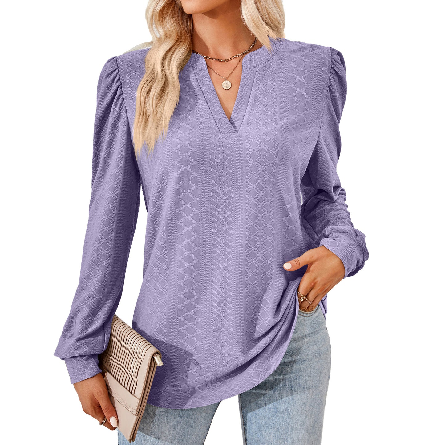 V-neck Jacquard Long Sleeve Loose-fitting T-shirt