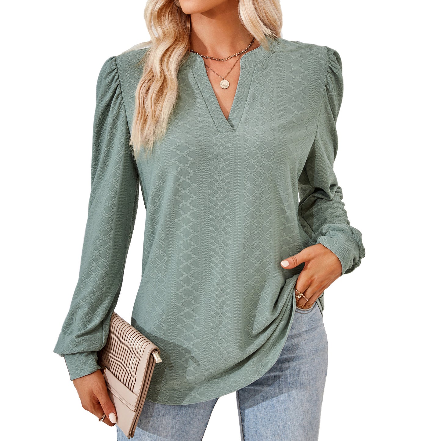 V-neck Jacquard Long Sleeve Loose-fitting T-shirt