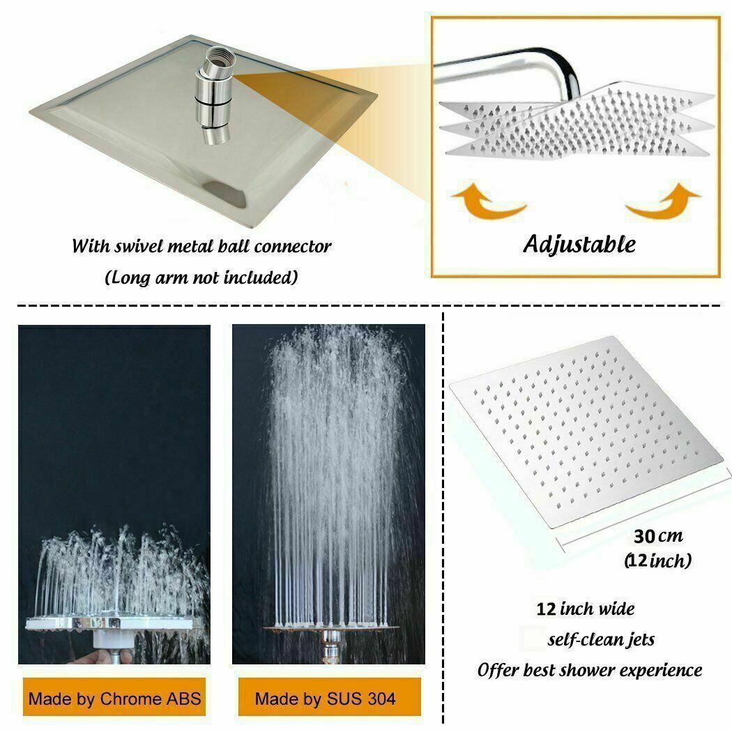 12" Large Chrome Square Stainless Steel Rainfall Overhead Bathroom Shower Head