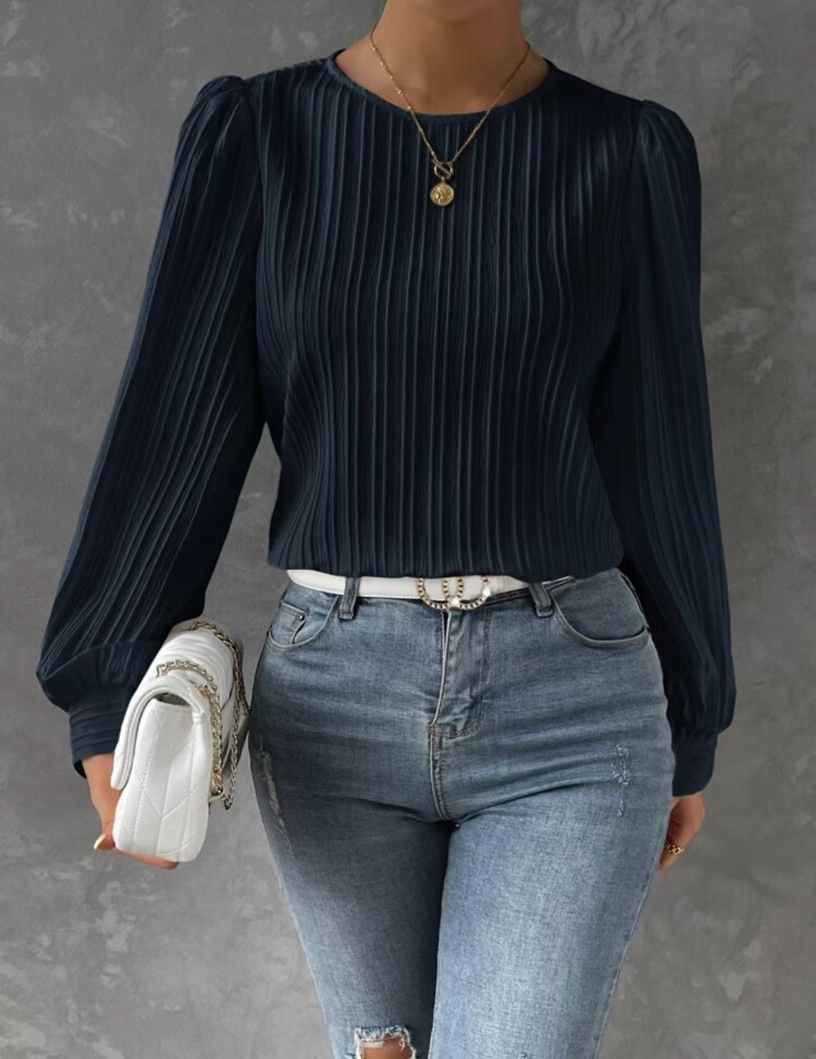 Spring Round Neck Lantern Sleeve Solid Colour Unity Long Sleeve Blouse