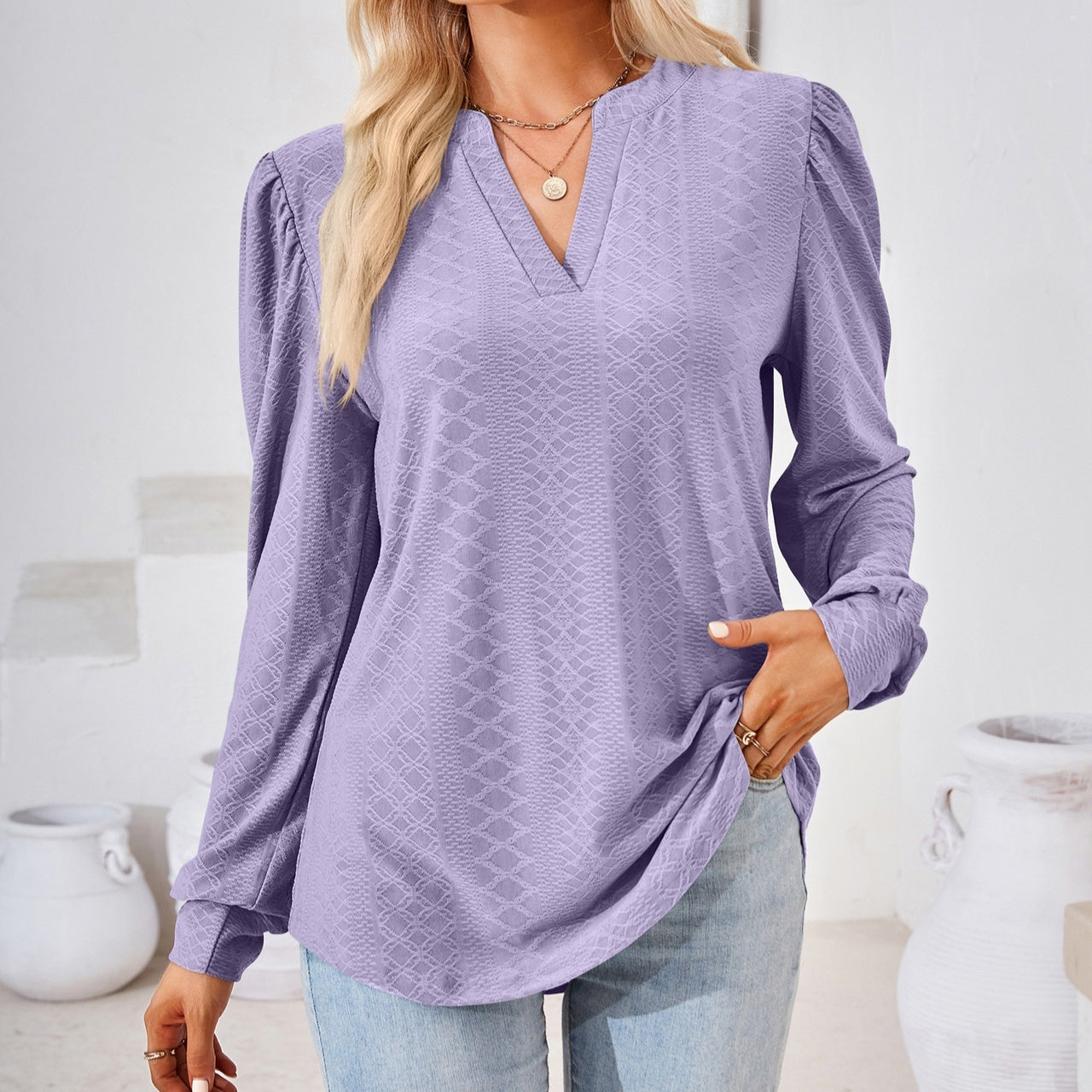 V-neck Jacquard Long Sleeve Loose-fitting T-shirt