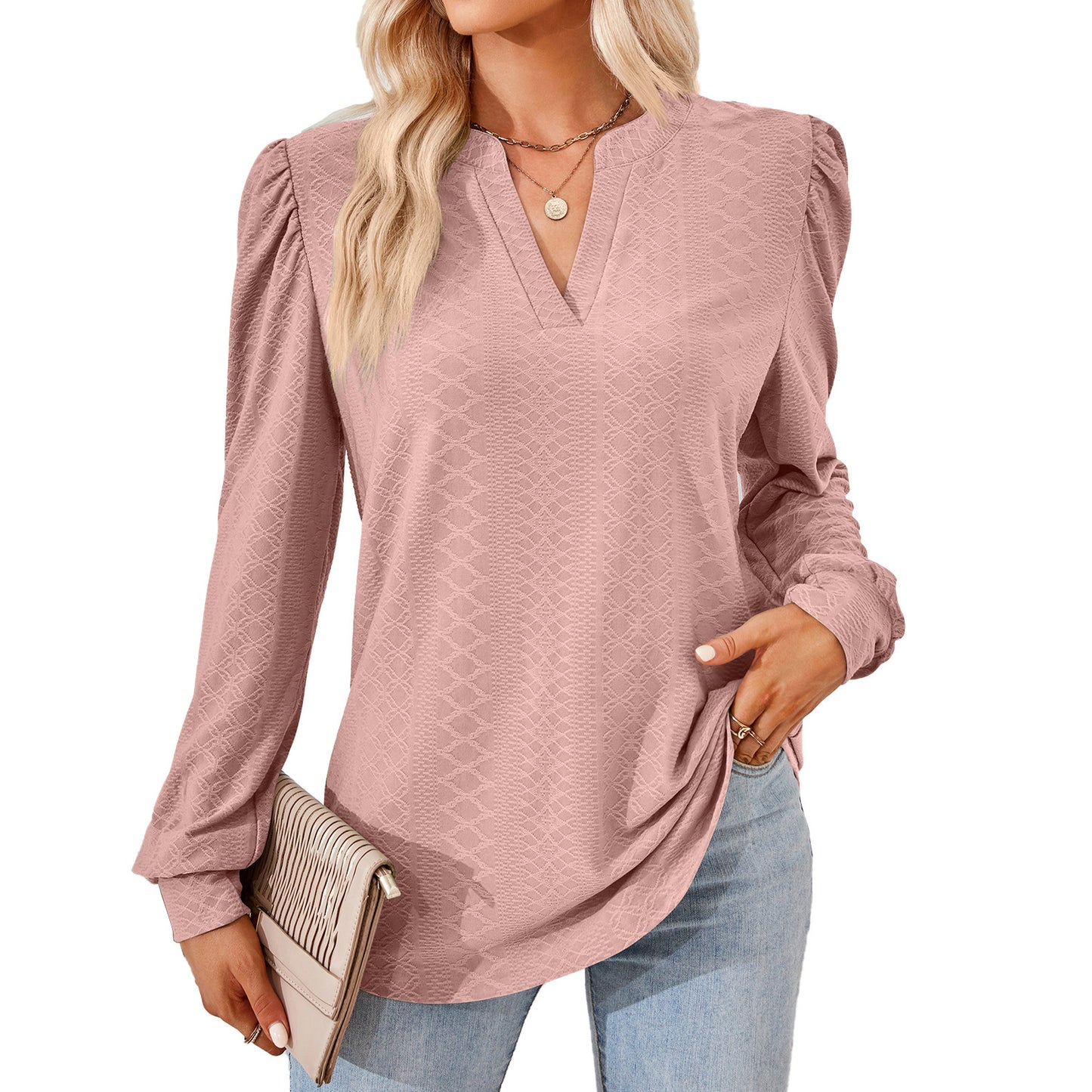 V-neck Jacquard Long Sleeve Loose-fitting T-shirt