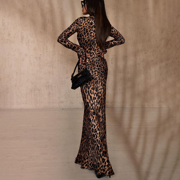 Round Neck Leopard Print Slim Fit Dress