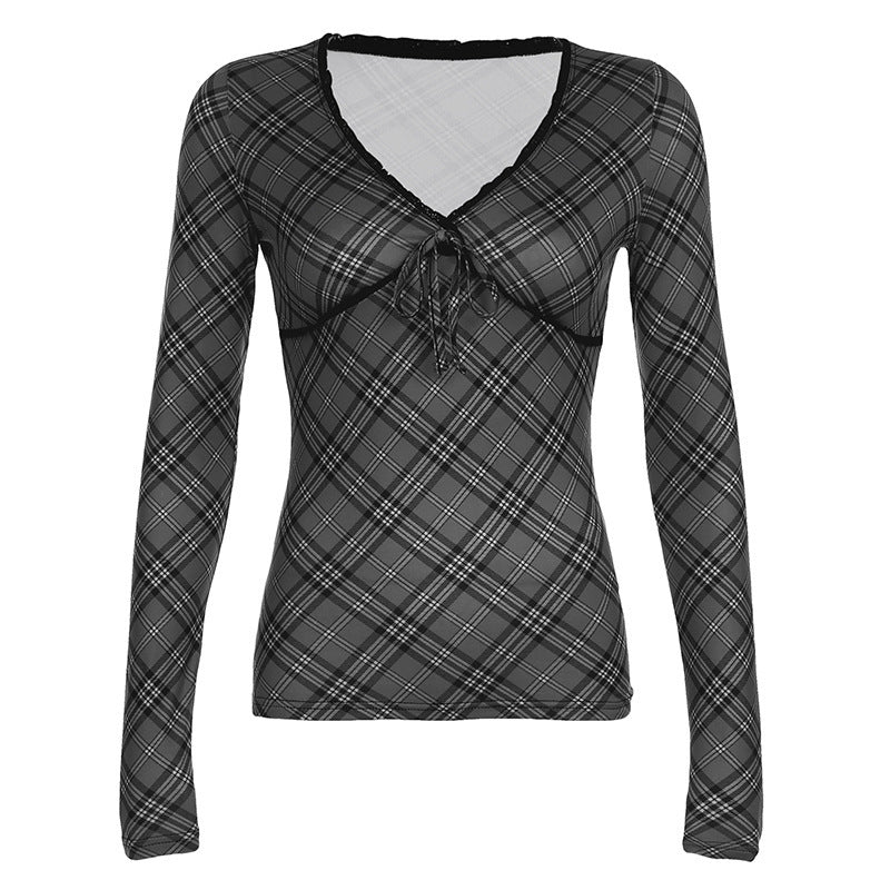 New Slimming Lace Contrast Colour Plaid Top