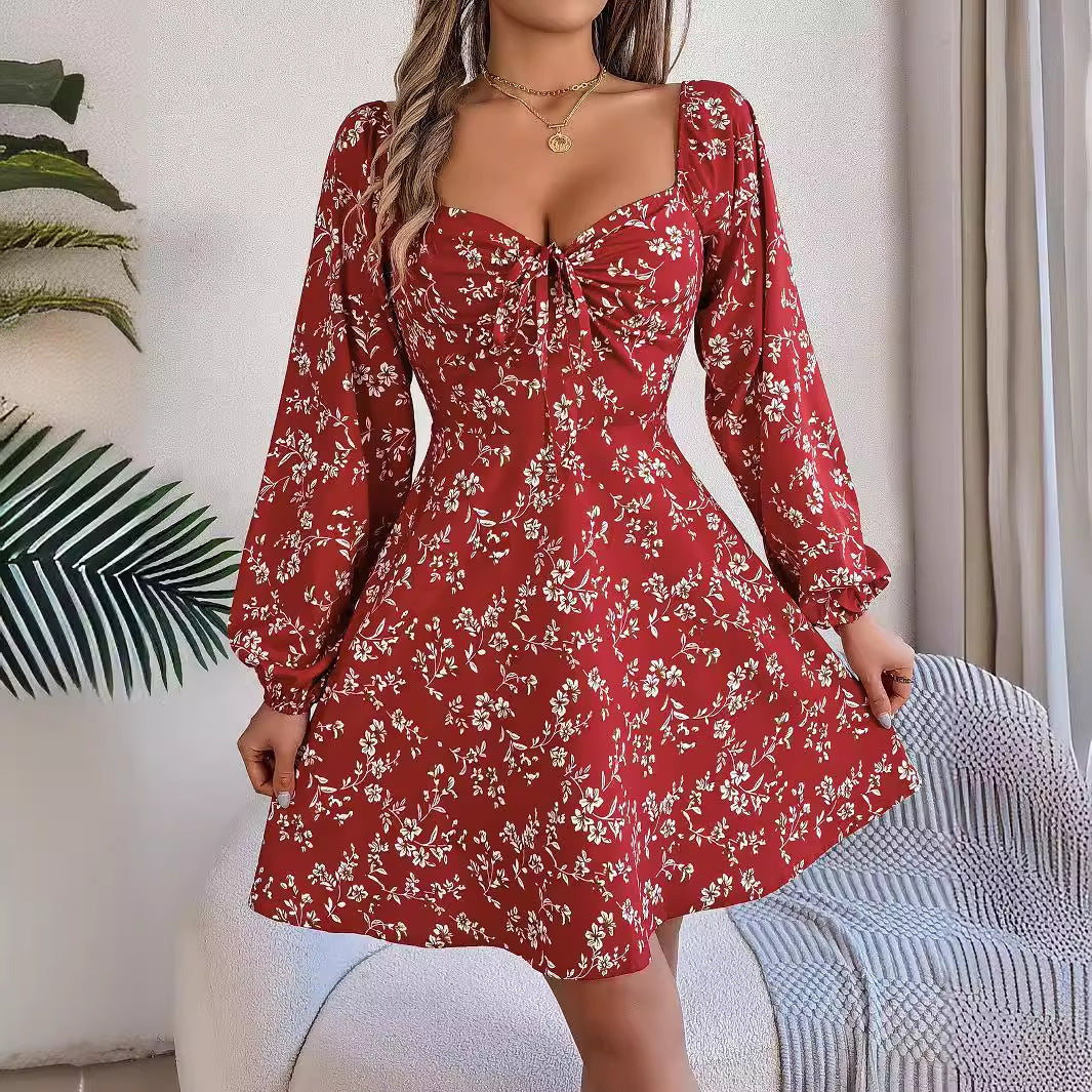 Floral Print Lantern Sleeve Dress Sexy Tie Square Neck Long Sleeve A-Line Dress