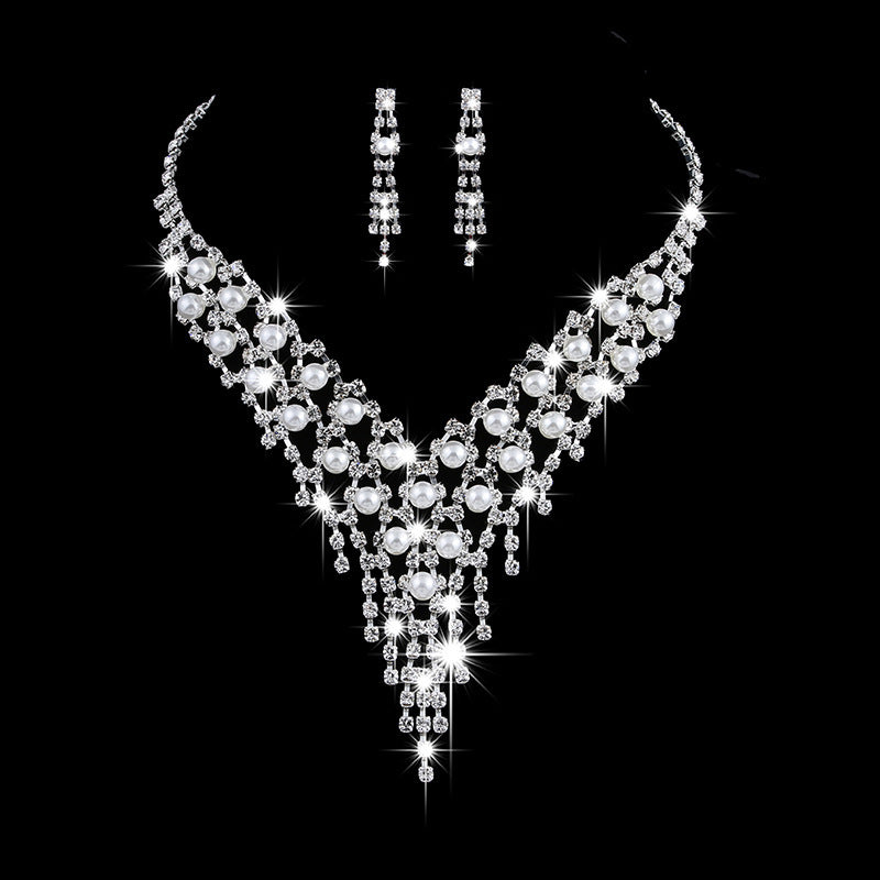 Fashion Bridal Jewellery Set - Claw Chain Earrings - Pearl Rhinestone