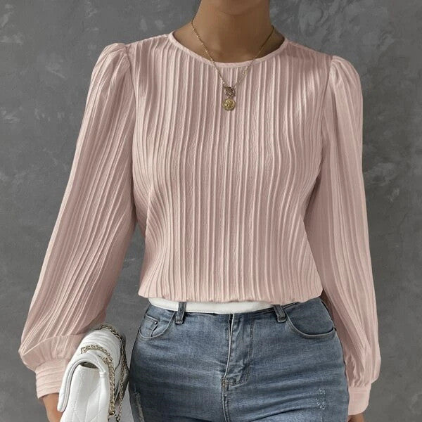 Spring Round Neck Lantern Sleeve Solid Colour Unity Long Sleeve Blouse