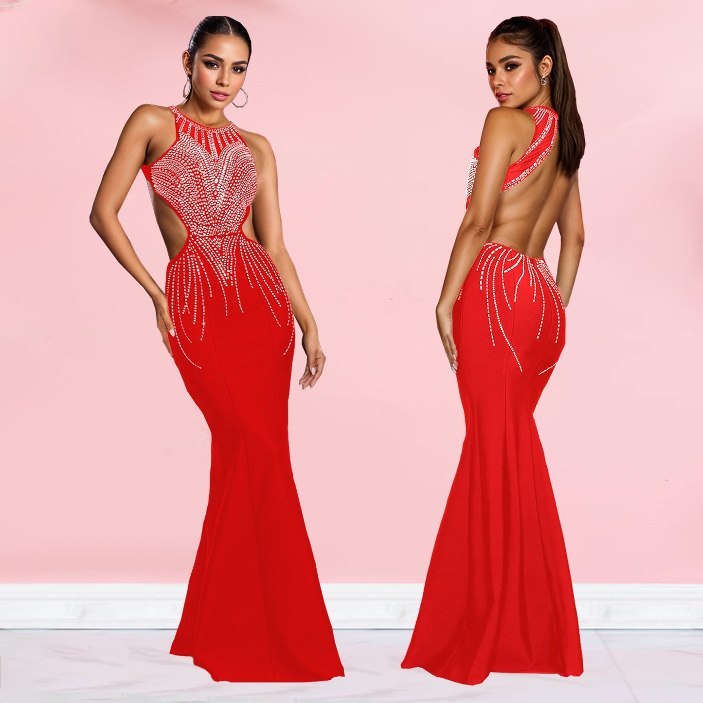 Women's Slim Fit Rhinestone Backless Dress