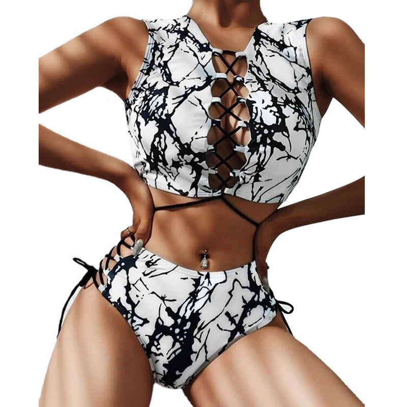 Ladies Split Tie Dye Black And White Bikini