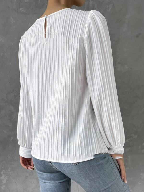 Spring Round Neck Lantern Sleeve Solid Colour Unity Long Sleeve Blouse
