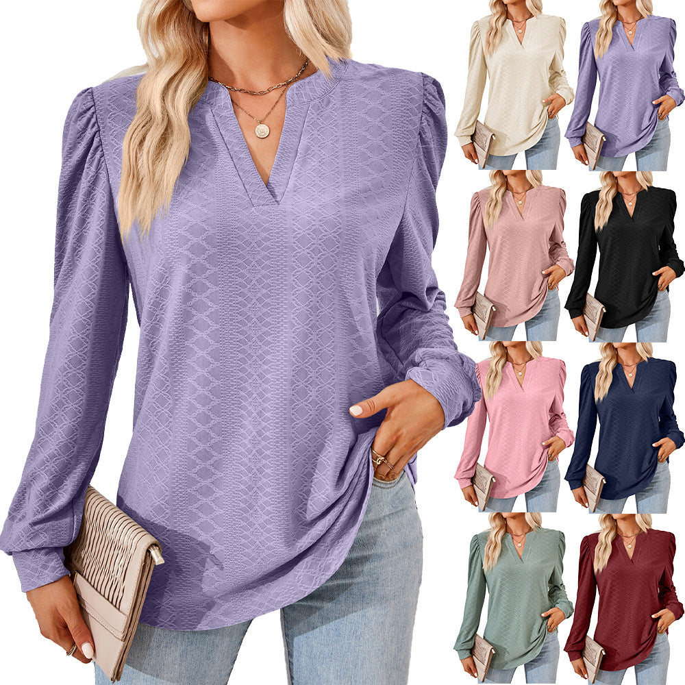 V-neck Jacquard Long Sleeve Loose-fitting T-shirt
