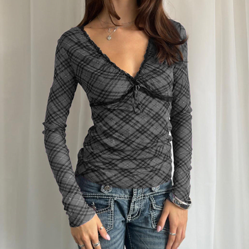 New Slimming Lace Contrast Colour Plaid Top