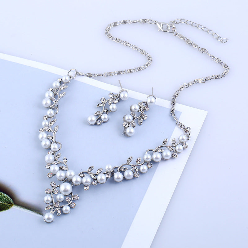Chain set sweet temperament all-match pearl diamond earrings & necklace