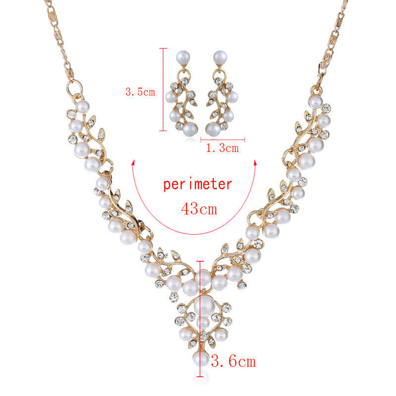 Chain set sweet temperament all-match pearl diamond earrings & necklace