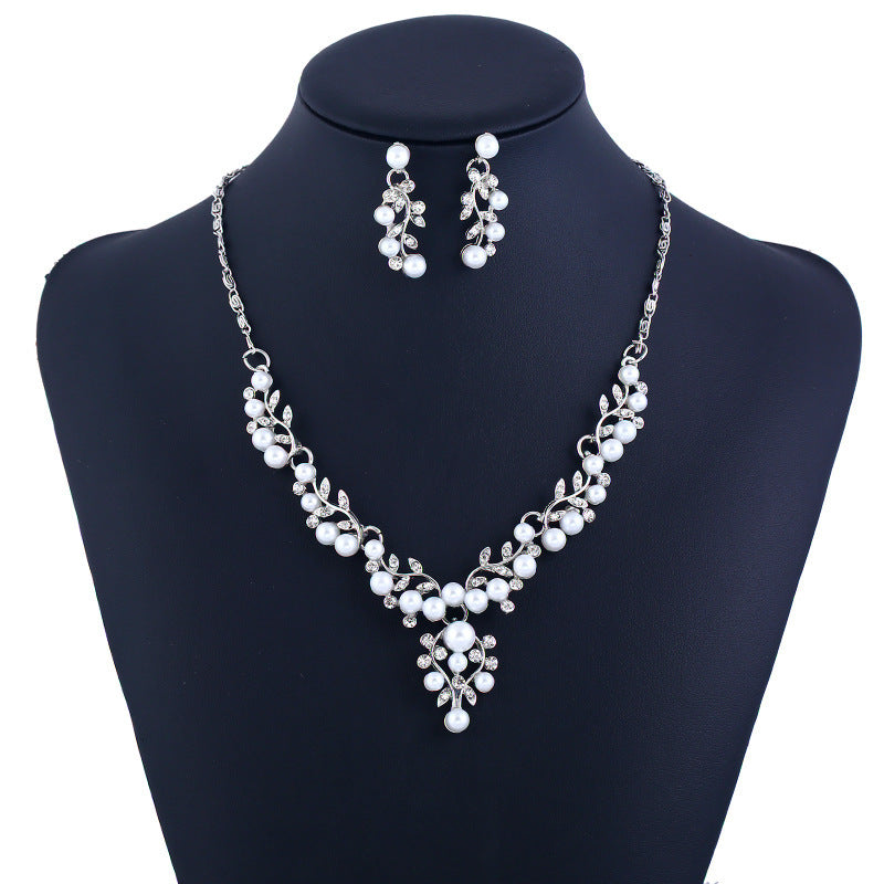 Chain set sweet temperament all-match pearl diamond earrings & necklace
