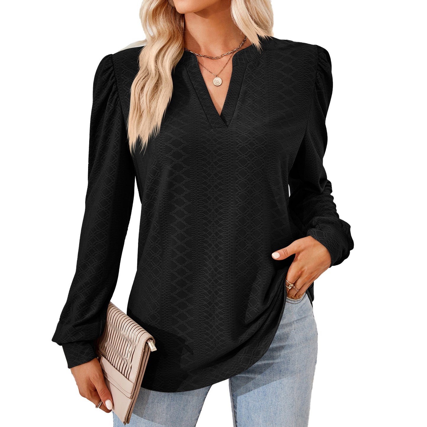 V-neck Jacquard Long Sleeve Loose-fitting T-shirt