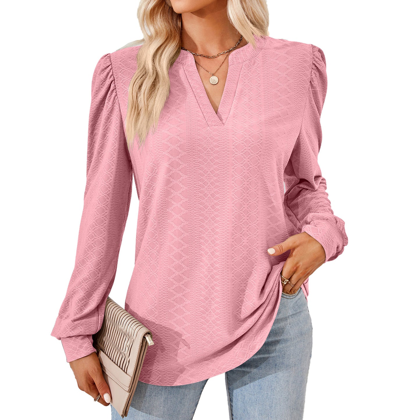V-neck Jacquard Long Sleeve Loose-fitting T-shirt