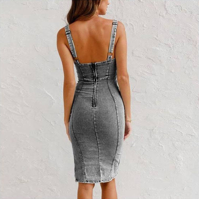 Summer Slim Fit U-Neck Denim Dress with Slit Design