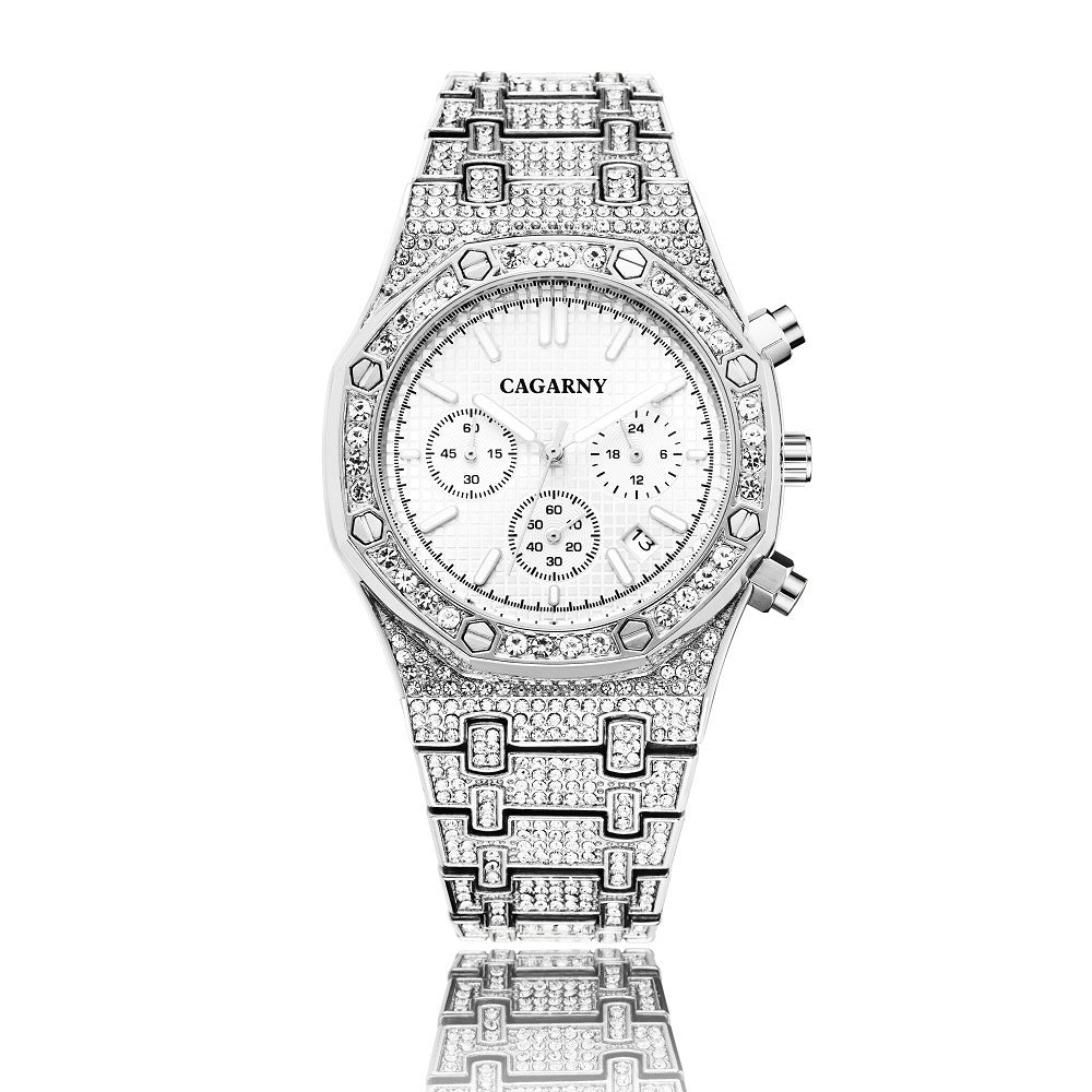 Men's Quartz Chronograph Sports Business Watch With Gold And Diamonds