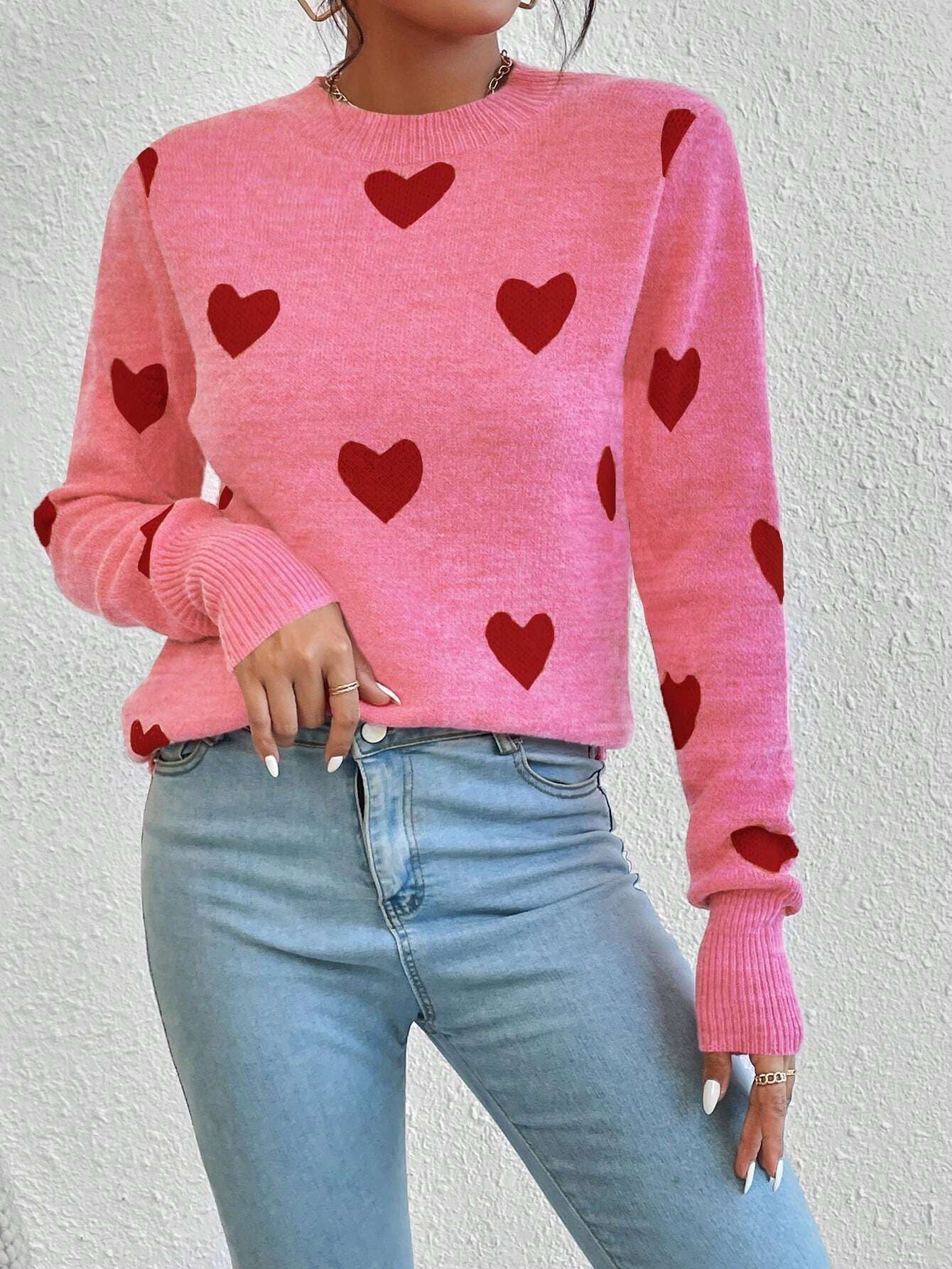 Leisure Heart Jacquard Long Sleeve Crew Neck Pullover Jumper