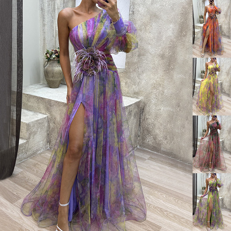 Mesh Tie-dye Printed Off-shoulder Slit Dress