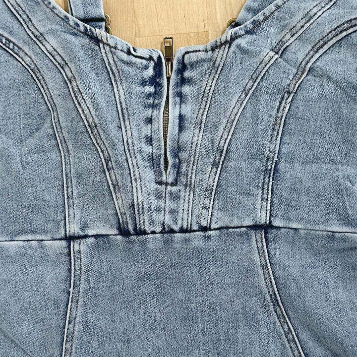 Summer Slim Fit U-Neck Denim Dress with Slit Design