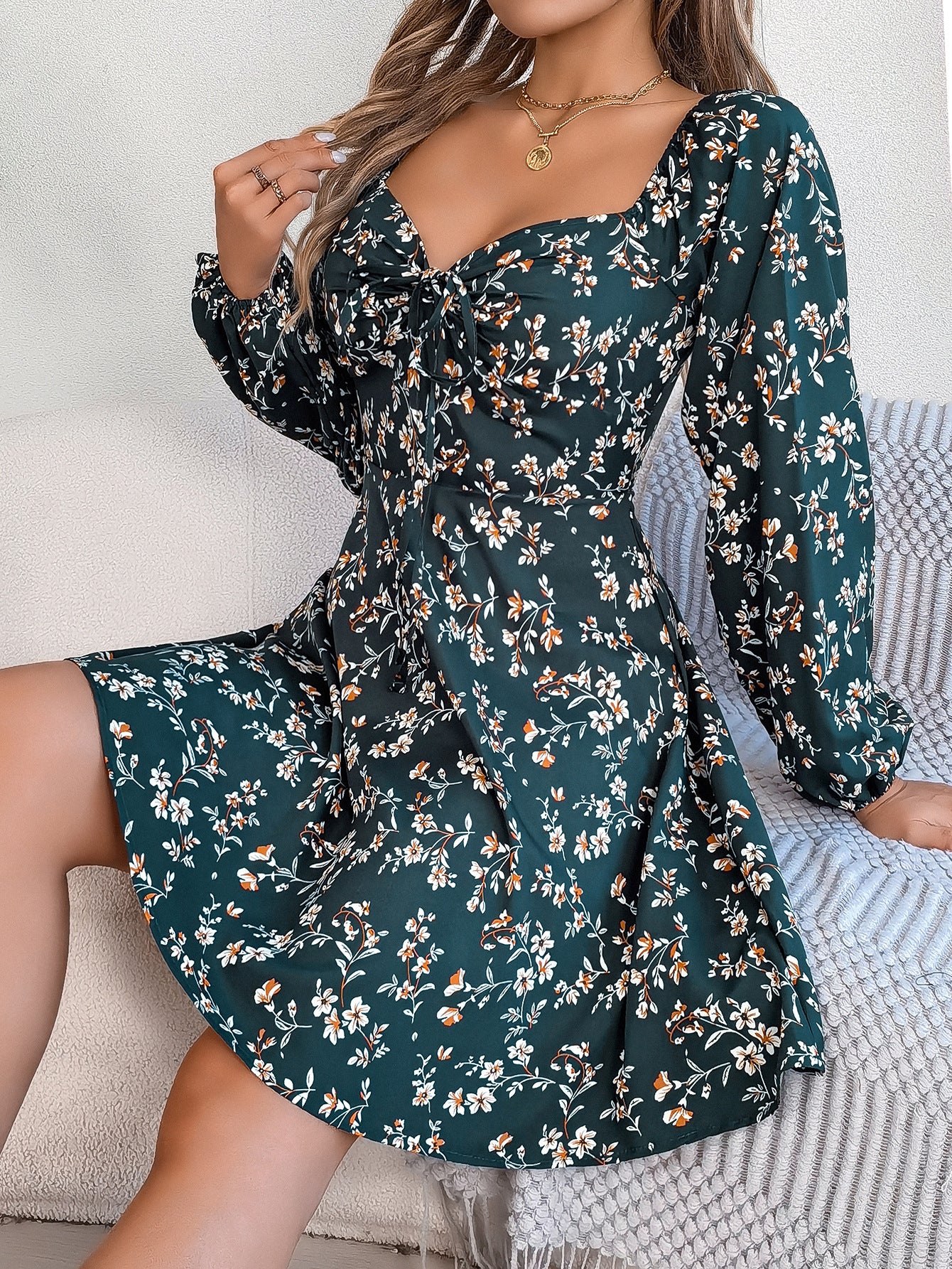 Floral Print Lantern Sleeve Dress Sexy Tie Square Neck Long Sleeve A-Line Dress