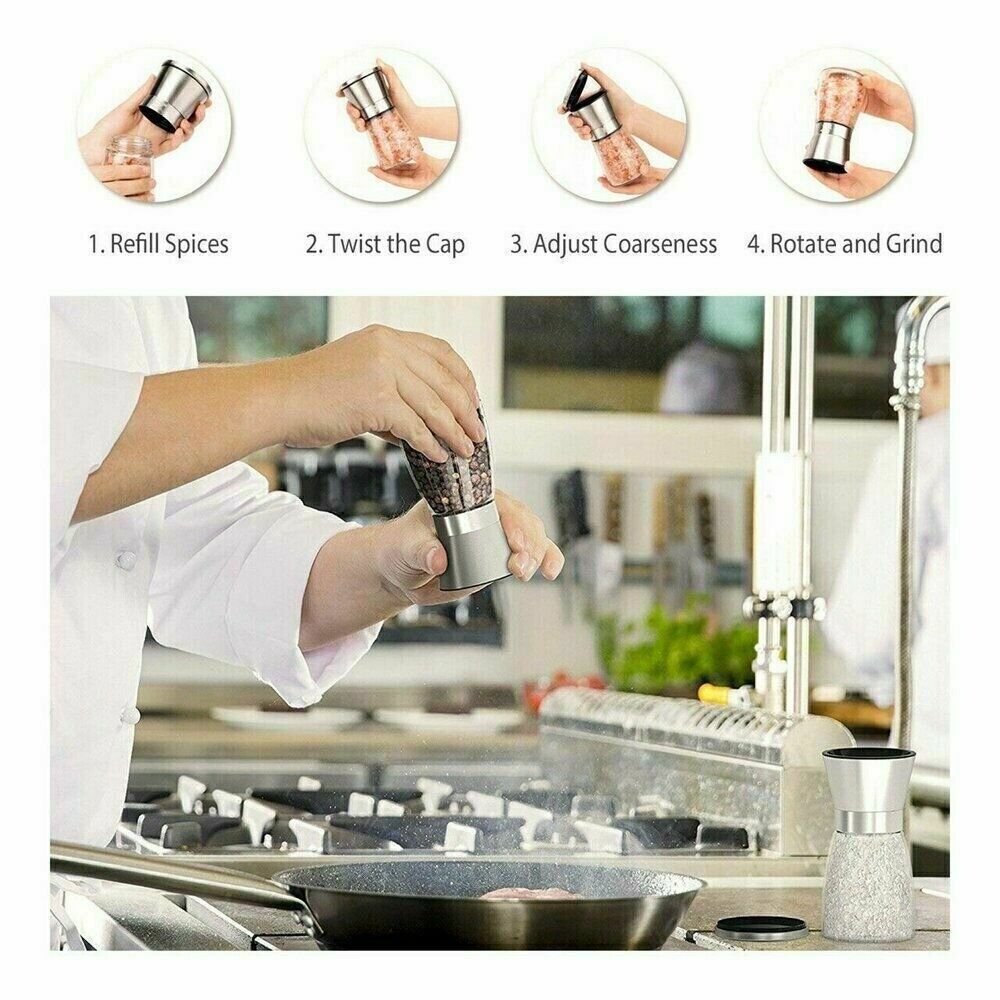 2 x Stainless Steel Adjustable Salt & Pepper Grinder Mill Set