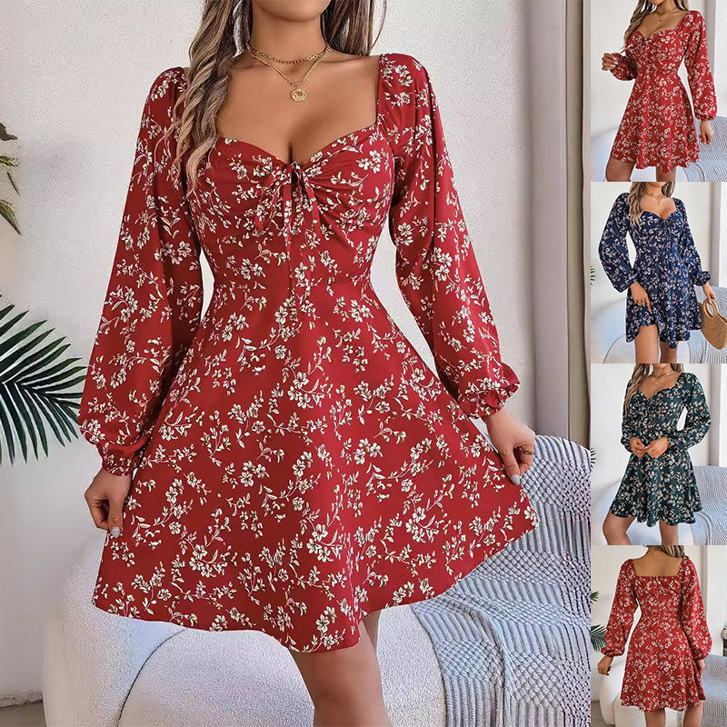 Floral Print Lantern Sleeve Dress Sexy Tie Square Neck Long Sleeve A-Line Dress