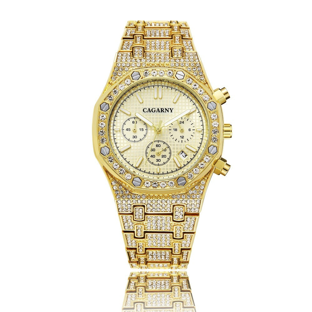 Men's Quartz Chronograph Sports Business Watch With Gold And Diamonds
