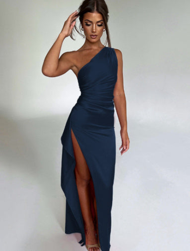Elegant One-Shoulder Backless Satin Dress with Slit – Slim-Fit Summer Style for Women