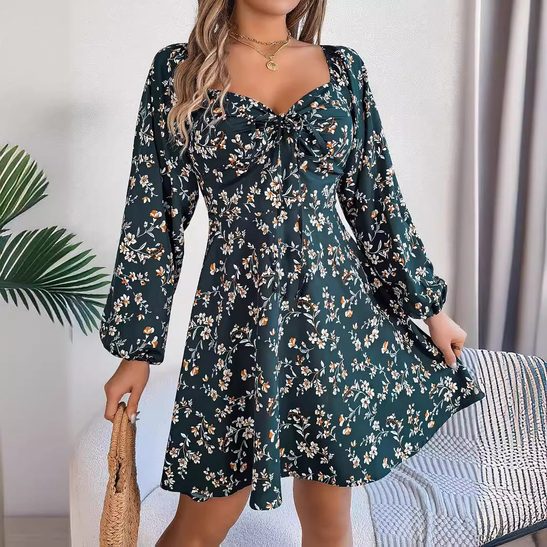 Floral Print Lantern Sleeve Dress Sexy Tie Square Neck Long Sleeve A-Line Dress