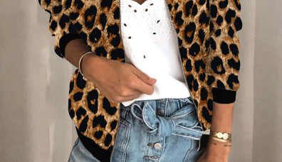 Women's Long Sleeve Zipper Coat Leopard Print