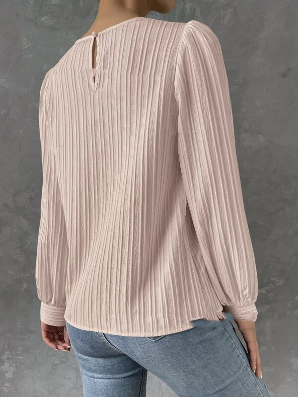 Spring Round Neck Lantern Sleeve Solid Colour Unity Long Sleeve Blouse