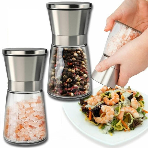 2 x Stainless Steel Adjustable Salt & Pepper Grinder Mill Set