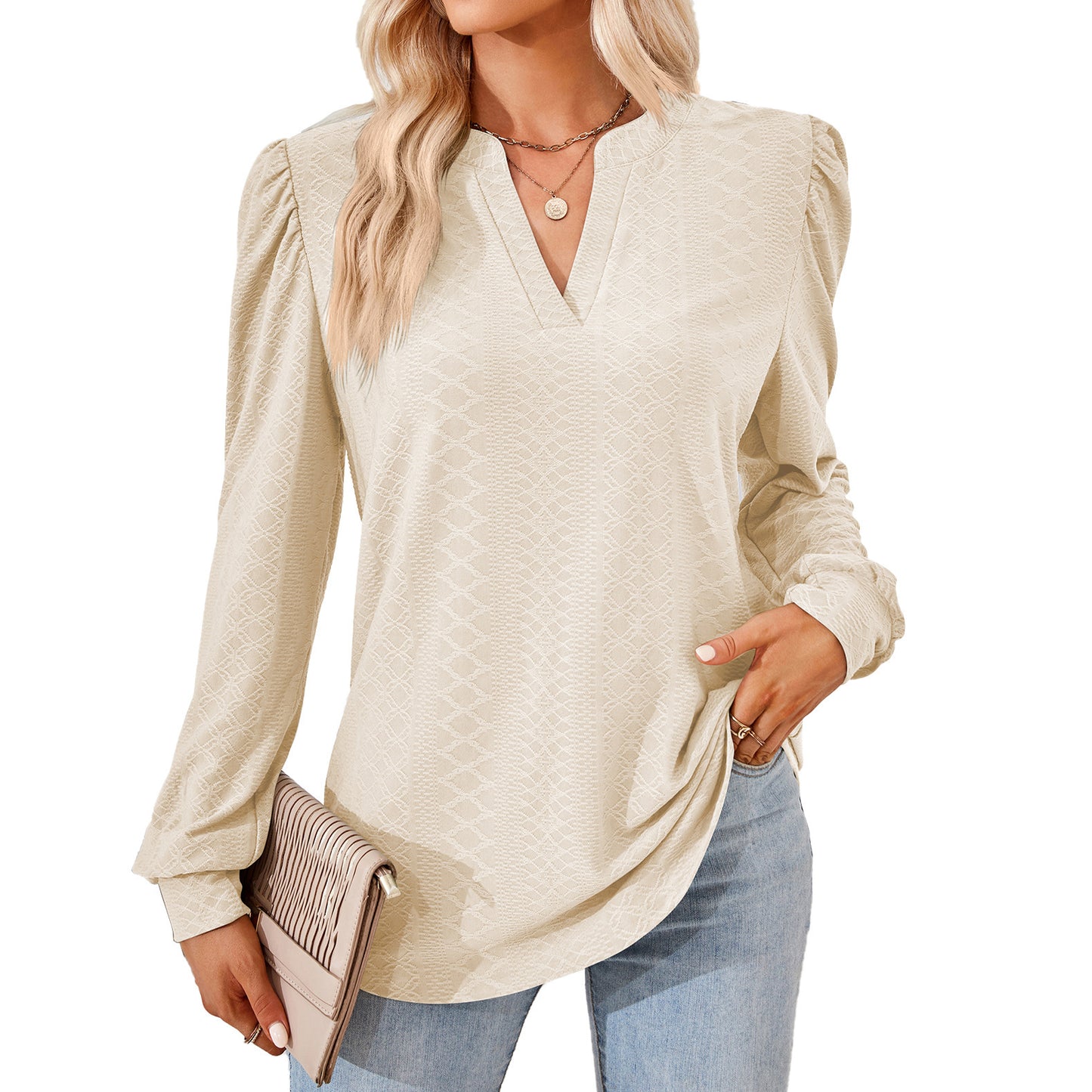 V-neck Jacquard Long Sleeve Loose-fitting T-shirt
