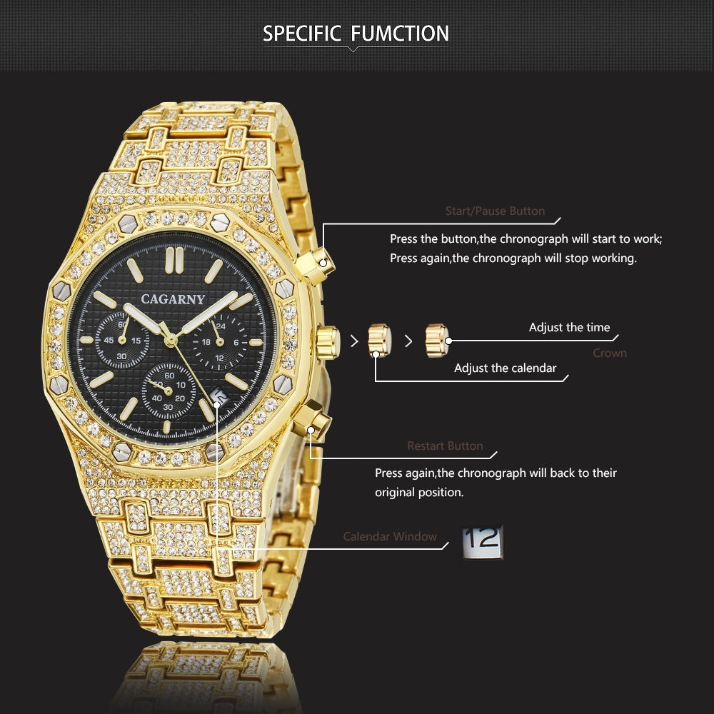 Men's Quartz Chronograph Sports Business Watch With Gold And Diamonds