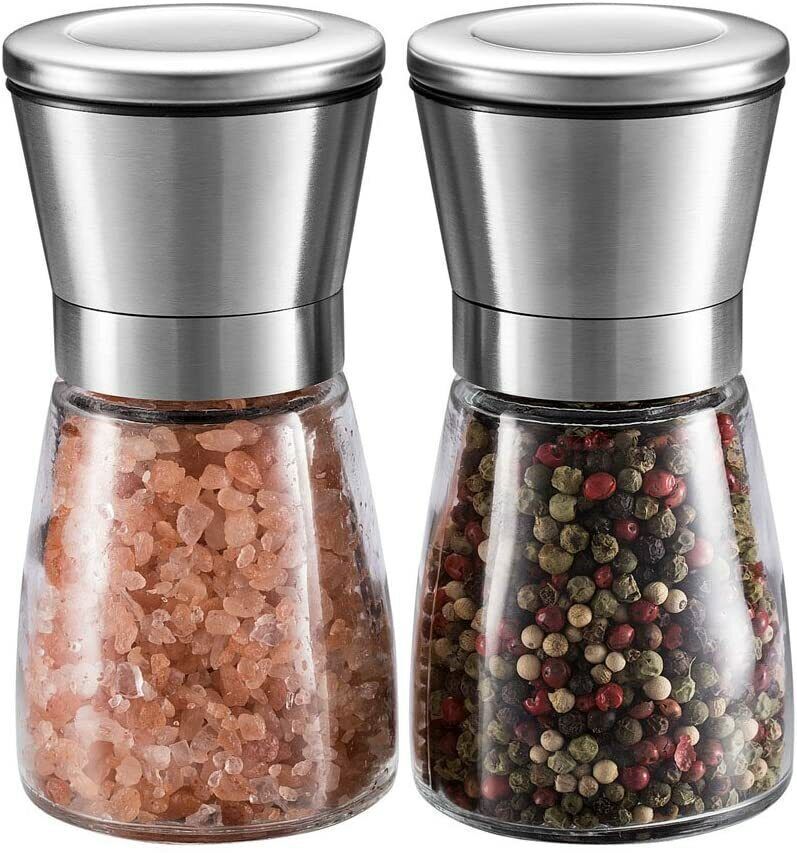 2 x Stainless Steel Adjustable Salt & Pepper Grinder Mill Set