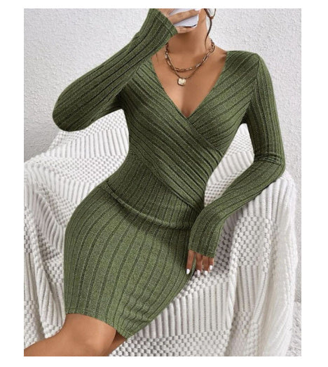 V-neck Slim-fit Slimming Sheath Long Sleeve Dress