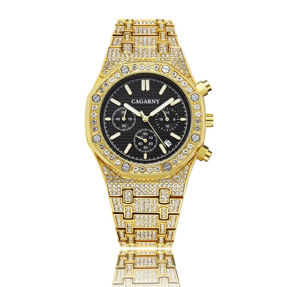 Men's Quartz Chronograph Sports Business Watch With Gold And Diamonds
