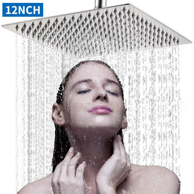 12" Large Chrome Square Stainless Steel Rainfall Overhead Bathroom Shower Head