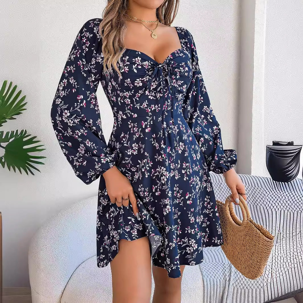 Floral Print Lantern Sleeve Dress Sexy Tie Square Neck Long Sleeve A-Line Dress