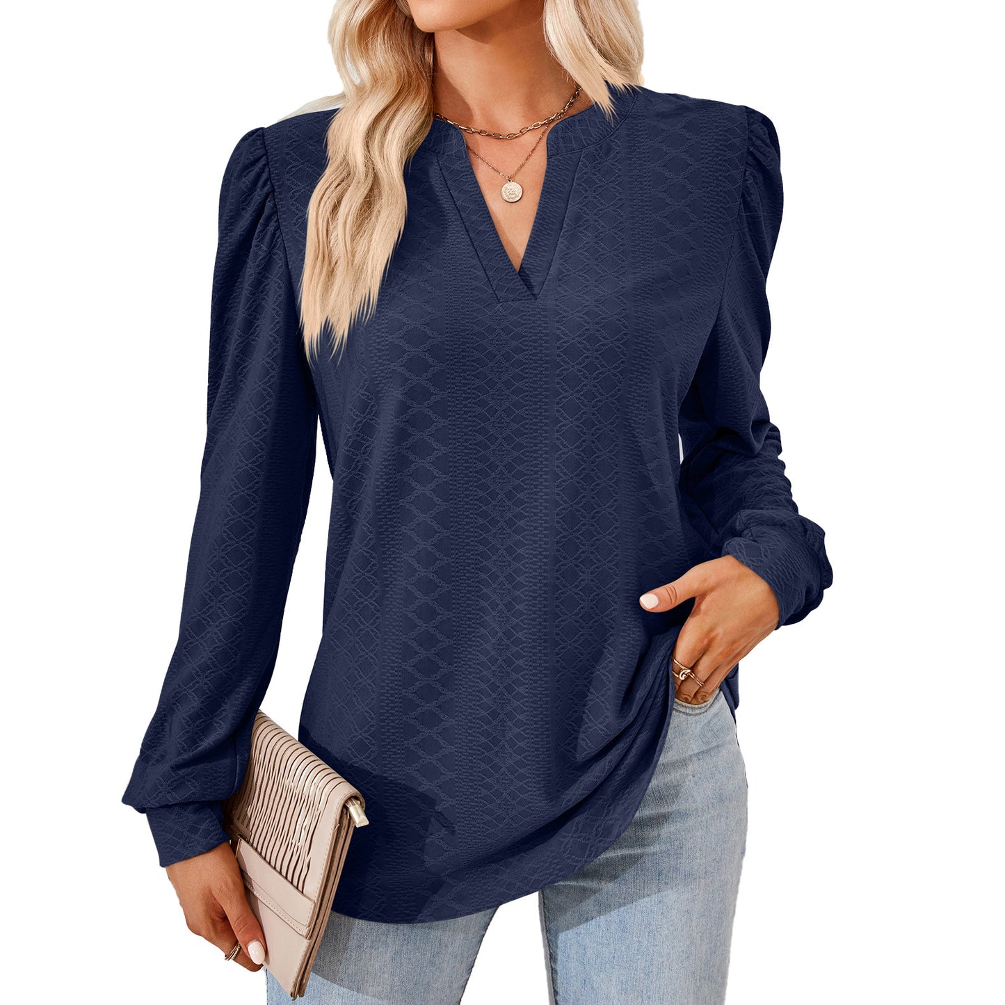 V-neck Jacquard Long Sleeve Loose-fitting T-shirt