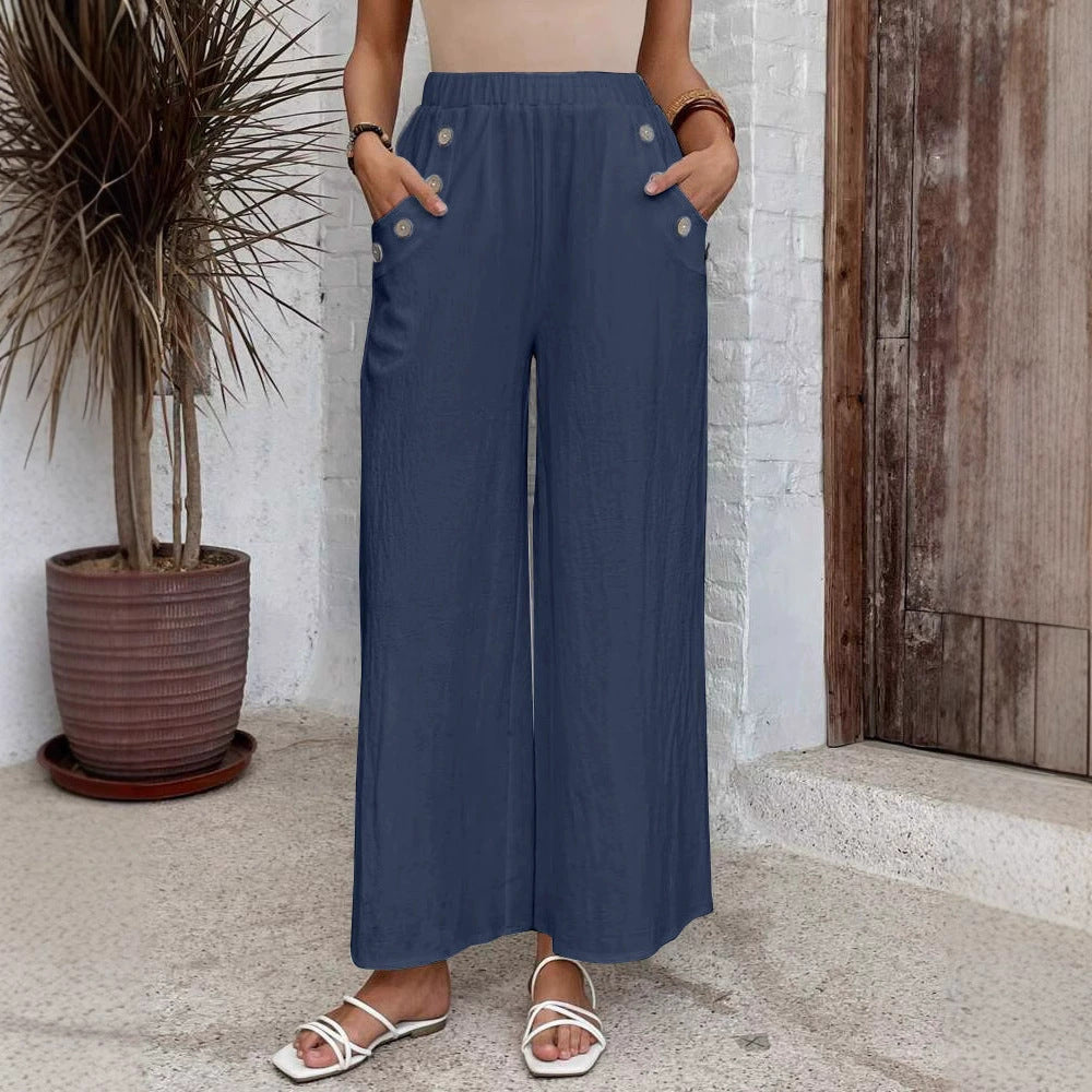 Women's Casual Elastic High Waist Loose Solid Color Wide-leg Pants